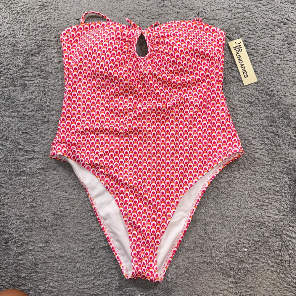 No Boundaries Womens One Piece Swimsuit L 11-13 Pink Orange Geometric Keyhole